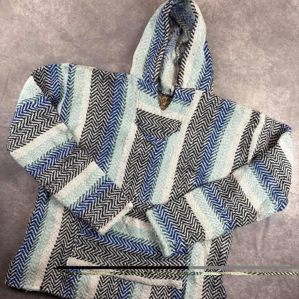 Baja Joe V Neck Pullover Hoodie Mens S Blue Stoner Hippie Drug Rug Surf Y2K